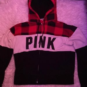 Red/black checker with white zip up hoodie!  Super cozy & Comfy with Sherpa hood